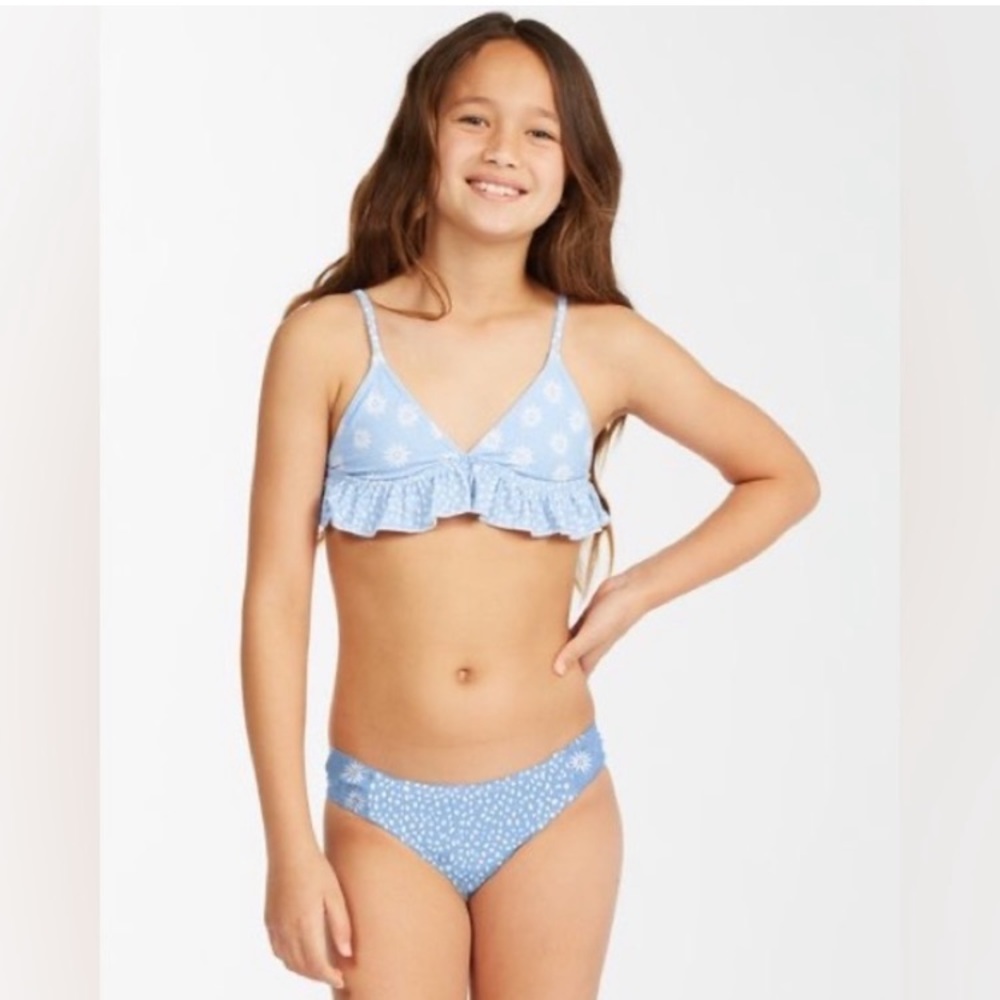 Billabong 🏝️ Where to Ruffle Girls’ Floral Ruffle Tri Light Blue Bikini Set - Picture 2 of 14